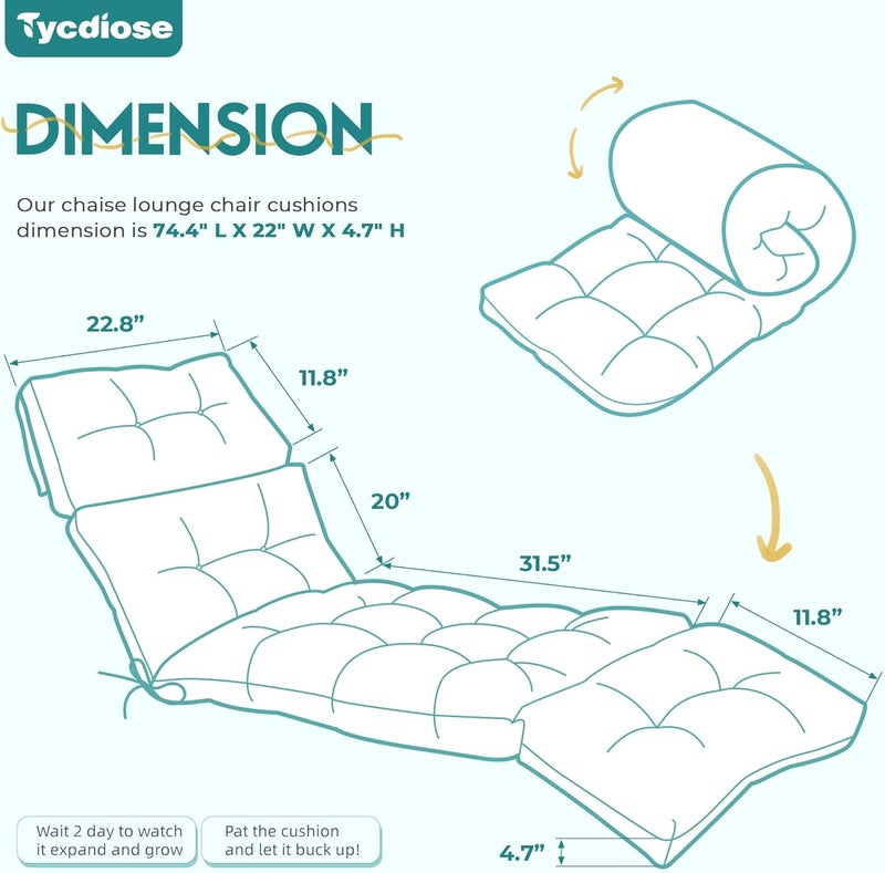 Tycdiose Outdoor Chaise Lounge Chair Cushion Waterproof 74.4 x 22 x 4.7 Inches Memory Foam Lounge Chair Cushions Replacement for Outdoor Furniture with Ties, Thickened Pool Lounge Chair Cushion, Teal - Image 2